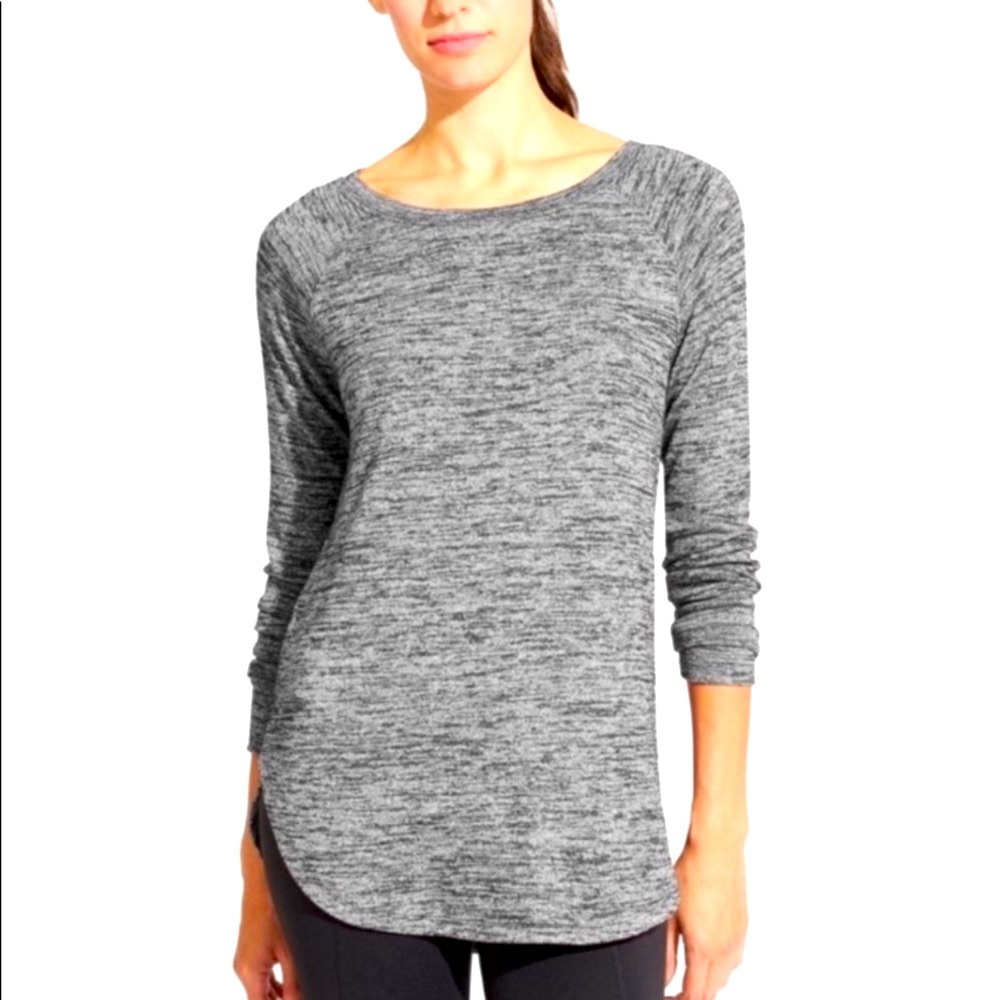 Athleta Pose Open Back Heathered Gray Knit Shirt